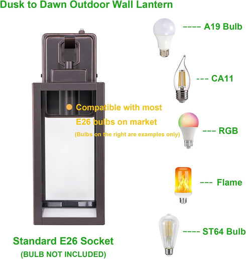 E26 60W, 2-Pack LIT-PaTH Dusk to Dawn Outdoor Wall Lantern, Wall Sconce as Porch Lighting Fixture, Medium Base Max