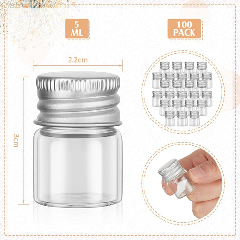 Tessco 100 Pcs 5 ml Mini Glass Bottles with Screw Caps Tiny Jars Empty Glass Vials with Aluminum Lids Small Powder Container for Cosmetic Sample Essential Oil Specimen DIY Craft Storage (Silver) by Tessco