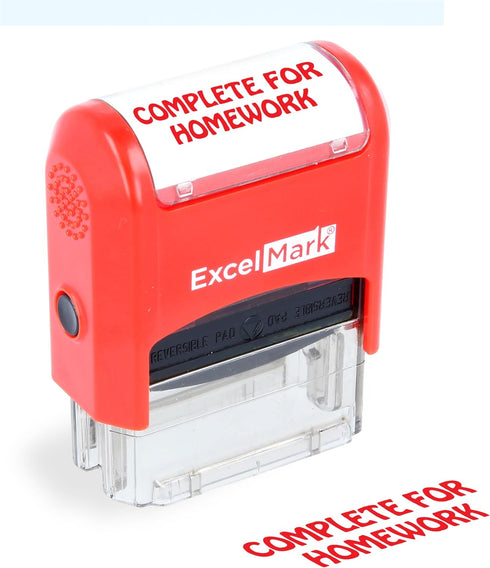 ExcelMark Self-Inking Two-Color Rubber Teacher Stamp - Complete for Homework - Red and Blue Ink for Grading