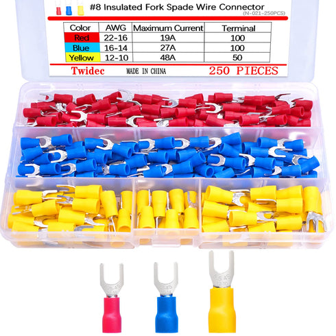 Twidec 250PCS Insulated Fork Spade Wire Connector Assortment Kit, 22-16/16-14/12-10 Gauge #8 Quick Splice Crimp