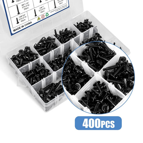 400Pcs Self Tapping Screws for Metal, 410 Stainless Steel #8#10 Self Drilling Screws Assortment Set, Black