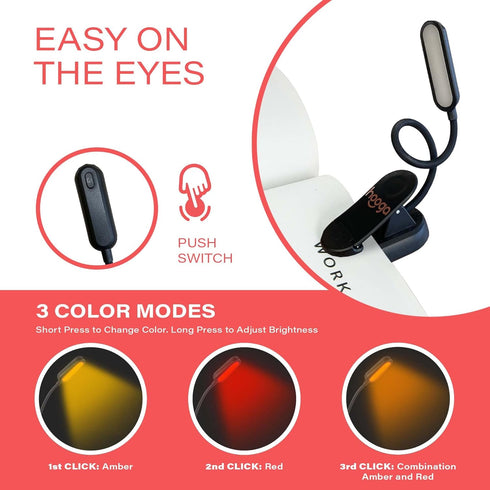Dimming, 1600K 625nm hooga Amber Book Light Blue Light Blocking Reading Light for Bed, Stepless Rechargeable Clip-On