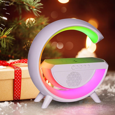 15W Table Lamp with Bluetooth Speaker, G Bedside Light with Wireless Charger, Atmosphere Lighting with Alarm Clock, RGB