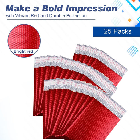 Metallic Matte Red Bubble Mailers, 4x8 Inch Durable Padded Envelopes, Pack of 25 with Secure Self-Seal Closure