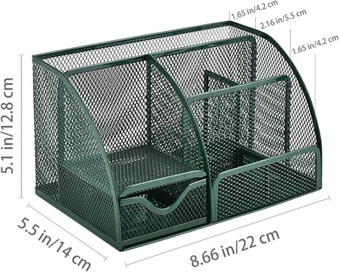 VANRA Office Supply Caddy, Metal Mesh Desktop Supplies Organizer, School Supply Holder with 6 Compartments and Drawer