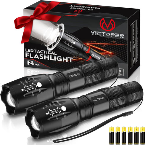 Victoper LED Flashlight 2 Pack, Bright 2000 Lumens Tactical Flashlights with 5 Modes, Waterproof for Outdoor Use