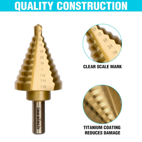 DURATECH 6-Piece Step Drill Bit Set with Automatic Center Punch, 50 Sizes in High Speed Steel, Titanium Coated, Storage