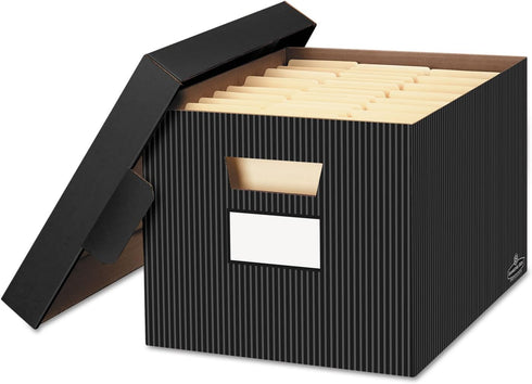Bankers Box 4 Pack STOR/File Decorative Medium-Duty File Storage Boxes, Letter/Legal, Black/Gray Pinstripe