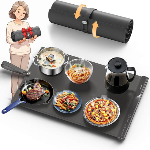 Food Warming Mat with Dual Heating Zones, 4 Temp Settings, Silicone Easy-Clean,