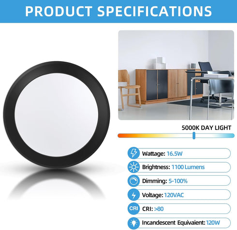 6 Inch Dimmable 16.5W 1100Lm 5000K ECOELER Black LED Disk Lights, Surface Mount/Recessed Ceiling Downlight, Daylight