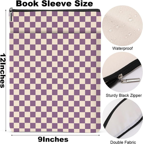 Purple Plaid Book Sleeve, Vintage Checkered Waterproof Book Cover with Front Pocket for Book Lovers Gifts for Women