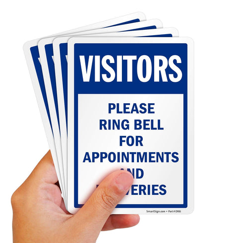 SmartSign (Pack of 4) 7 x 5 inch “Visitors - Please Ring Bell for Appointments and Deliveries“ Sticker Labels, Blue and