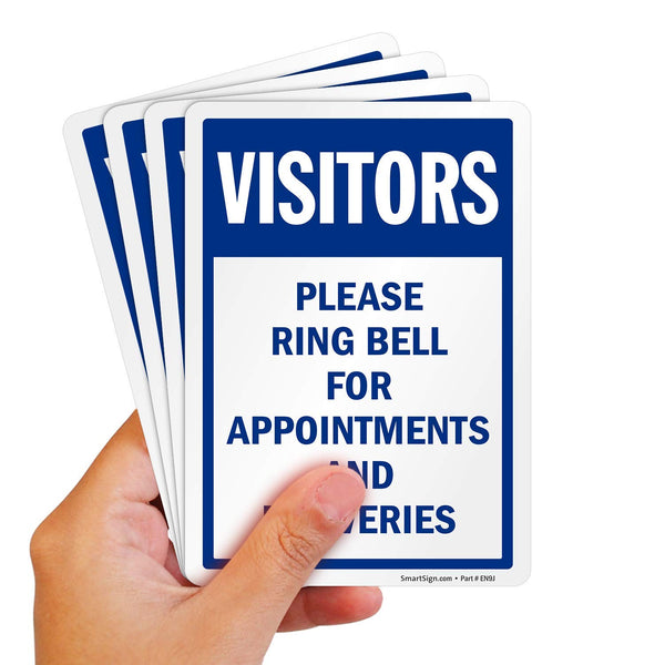 SmartSign (Pack of 4) 7 x 5 inch “Visitors - Please Ring Bell for Appointments and Deliveries“ Sticker Labels, Blue and