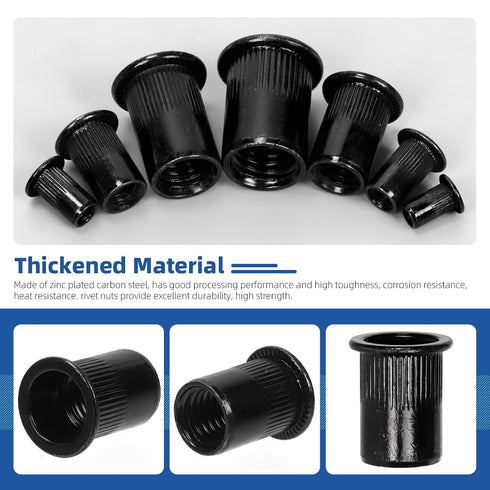 Glarks 320Pcs M3 M4 M5 M6 M8 M10 M12 Set Metric Rivet Nuts Kit Rivet Nuts Black Zinc Plated Carbon Steel Flat Head