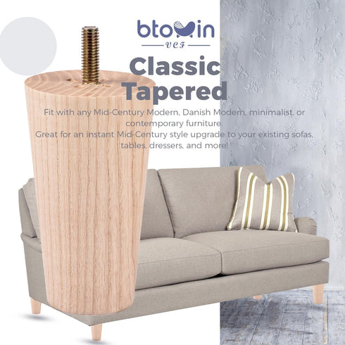 Btowin VCF 6 inch 15cm 4Pcs 5/16'' / Ash Wood Furniture Legs, Mid-Century Modern Unfinished Wooden Tapered Replacement