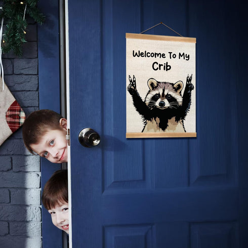 ZTGDA Welcome to My Crib Wall Art,Funny Raccoon Poster Durable Man Cave Wall Decor,Raccoon Canvas Hanging Sign