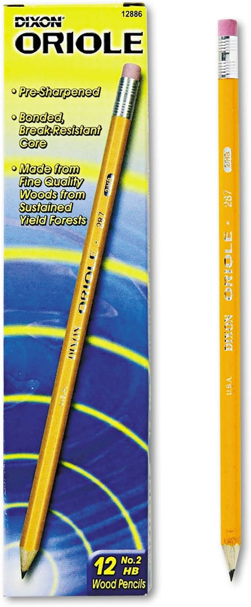 Dixon 12886 Oriole Woodcase Presharpened Pencil, HB #2, Yellow, Dozen