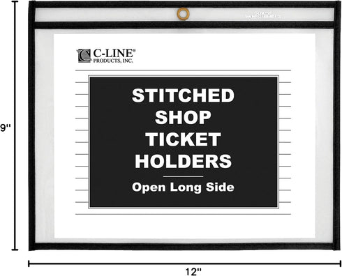 C-Line 12 9 Inches, 25 (49912) Stitched Shop Ticket Holders, Both Sides Clear, Open Long Side, x per Box