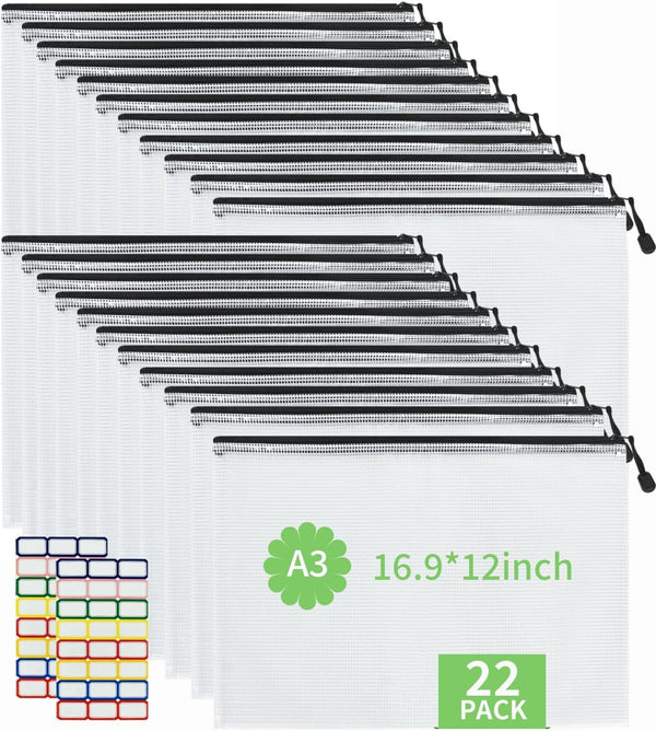 Vuzvuv 22Pcs Large Mesh Zipper Pouch, A3 Size 16.9"x12", Plastic Document Bag with Label Sticker for School Travel