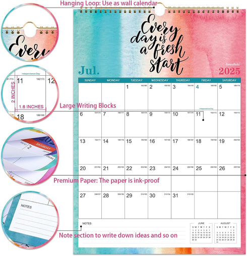 Wall Calendar 2025-2026, 18 Monthly Calendar from July 2025 to December 2026, Large Blocks, Twin-Wire Binding