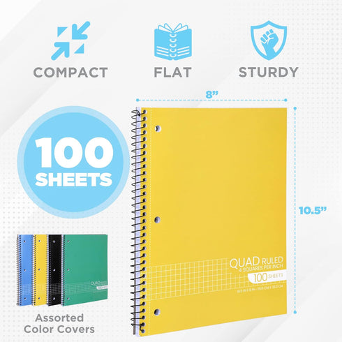 Graph Paper Spiral Notebook, Quad Ruled Grid, 10.5 X 8 Inches, 1 Subject Wirebound Notebook, Assorted Colors