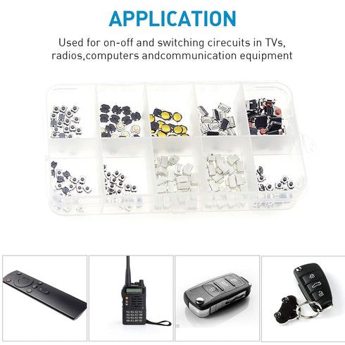 QTETAK 200 Pcs Micro Momentary Tactile Push Button Switch Assortment Kit - 10 Value