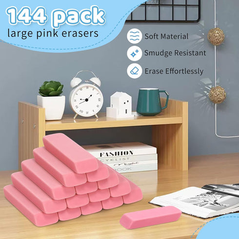 PRALB 144 Pack Pink Erasers, Bulk Classroom Erasers for Art, School, and Office Use