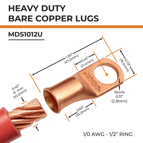 SELTERM 15pcs 1/0 AWG Battery Terminal Connectors, Heavy Duty Bare Copper Lugs, 1/2" Stud, Electrical Cable Ends