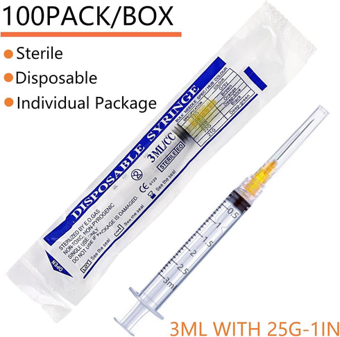100 Pack 3ml/cc Luer Lock Plastic Syringe with 25Ga Needle, Lab Measuring Tools for Industrial Dispensing
