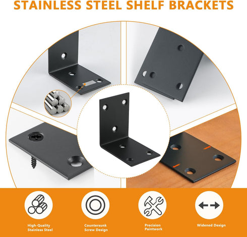 4Pcs 90 (2.6X2.6 Alise Shelf Brackets Black, Stainless Steel Floating Shelf Brackets Corner Brackets, L Brackets