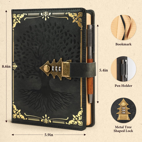 A5 260 8.6 5.8 WEMATE Locked Journal with Pen & Gift Box, Pages, Refillable, Hardcover Leather Password Notebook