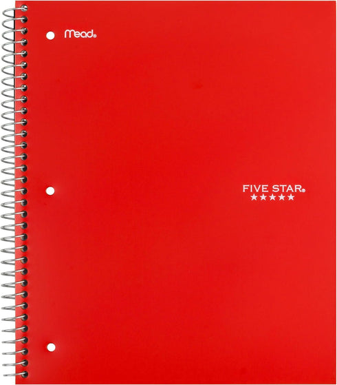 Five Star 3 Subject Spiral Notebook + Study App, 10-1/2" x 8", 150 Sheets, Wide Ruled Paper, Red (72029)