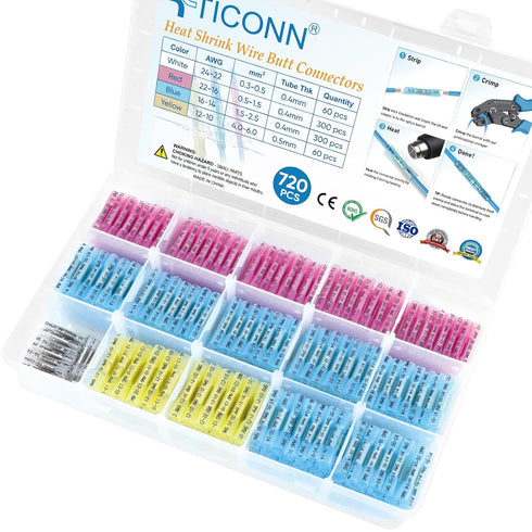TICONN 720pcs Heat Shrink Butt Connectors Kit, AWG 24-10, Insulated Waterproof Electrical Marine Automotive Terminals