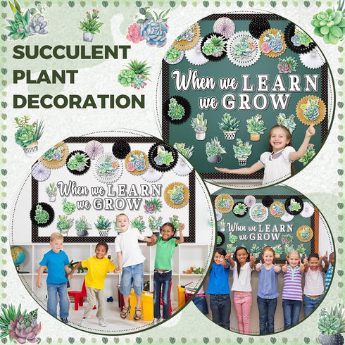 Qilery 66 Pcs Succulents Potted Bulletin Board Set, When We Learn We Grow Plant Cutouts for Classroom Decoration
