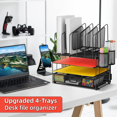 Marbrasse Desk Organizer with Drawer, 4-Tier Mesh File Organizer with 5 Vertical Holders and 2 Pen Holders