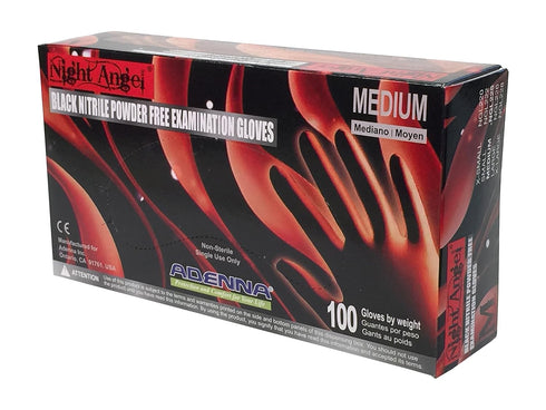 Night Angel 4 mil Nitrile Powder Free Exam Gloves Adenna (Black, Medium) Box of 100