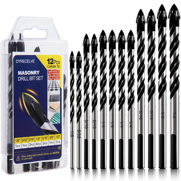 12-PCS Masonry Drill Bit Set, Professional Carbide Drill Bits for Glass, Tile, Brick, Cement, Wood