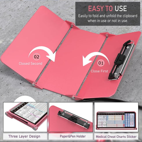 Nursing Clipboard Foldable - 3 Layers Aluminum with Cheat Charts for Students, Nurses, and Doctors