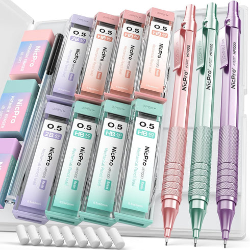 Nicpro 0.5mm Mechanical Pencils Set, 3PCS Metal Pencils with Case, 480PCS Lead Refills, 3 Erasers for Art