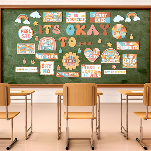 Mental Health Posters, Groovy It's Okay to Boho Bulletin Board Set, Inspirational Positive Affirmations for Classroom