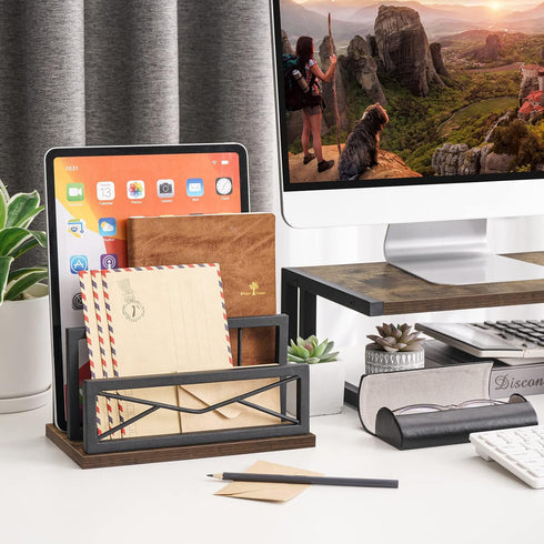 Snughome Desktop Mail Organizer, Desk Mail Organizer with 2-Slot Matte Black Metal Desktop Mail Sorter, Metal Storage File Holder Letter Sorter Organizer for Home or Office Desktop, Rustic Brown by Snughome