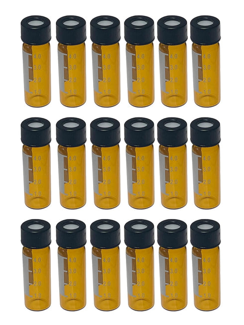 MUHWA 4ml Amber HPLC Vials, 100 Pcs/Pack, Black Screw Cap with Hole, Red PTFE & White Silicone Septa, Graduations