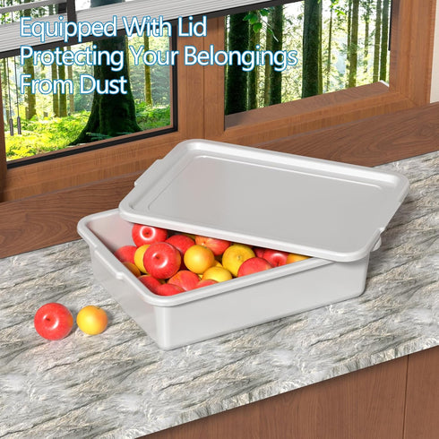 Drephia 3 Packs 15 Commercial L Plastic Bus Box with Lids, Dish Tub, Food Service Bus Tote, Restaurant, Gray
