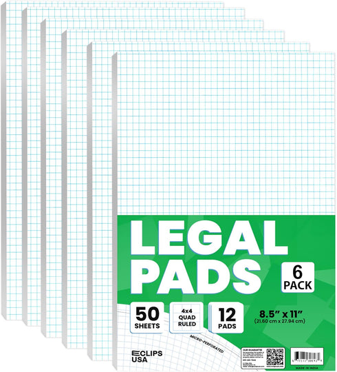 Graph Paper Pad - 4 x 4 Inch Quad Ruled Graph Paper Notebook, 50 Sheets Per Pad (6 Pack), 8.5 x 11