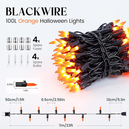 Lights(23 Feet,100 Count)-Incandescent woohaha Outdoor Halloween Orange Christmas Lights with Black Wire,Mini Orange