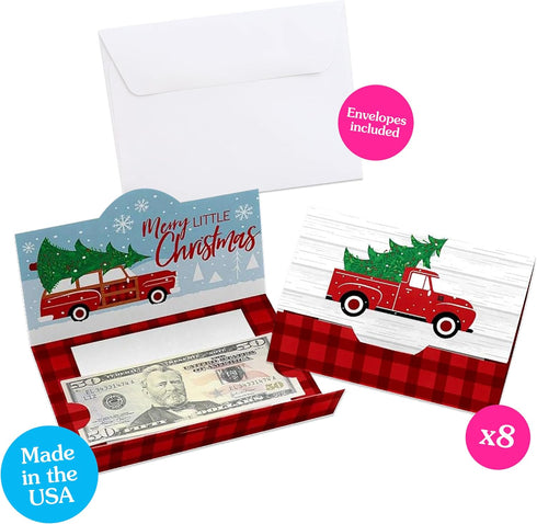 Set 8 Big Dot of Happiness Merry Little Christmas Tree - Red Truck and Car Christmas Party Money and Gift Card Holders