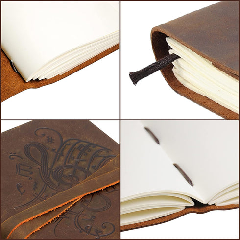 Leather Bound Journal for Men and Women, Handmade Gift Set, Music Notes Embossed Journal, Vintage Classic, 300 Pages