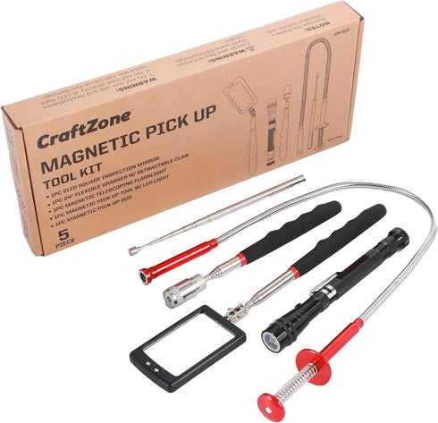 Magnetic Pick Up Kit 5pc, Includes 1lb and 10lb Rods, Inspection Mirror and Flexible LED Flashlight