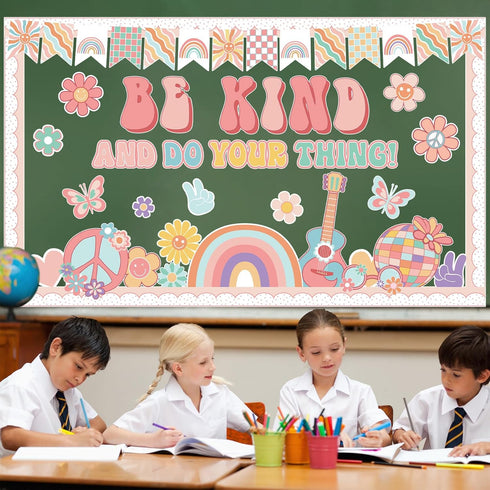 Boho Classroom Bulletin Board Decoration with Groovy Be Kind and Do Your Thing Retro Rainbow Cutouts