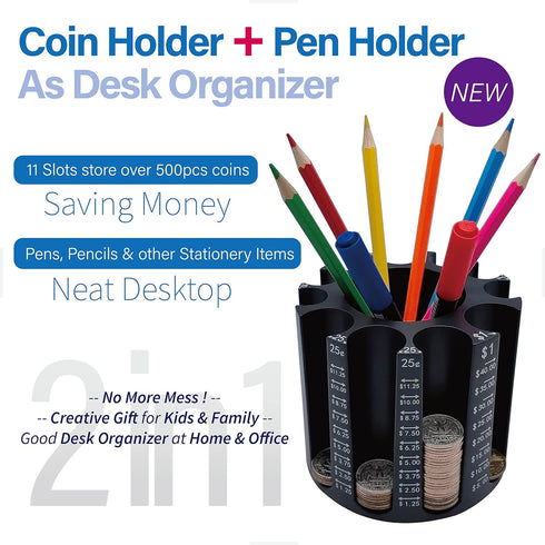 Coin Counter Coin Sorter, Pen Holder + Coin Holder as Desk Organizer, Piggy Bank for Adults & Kids - 500pcs Store